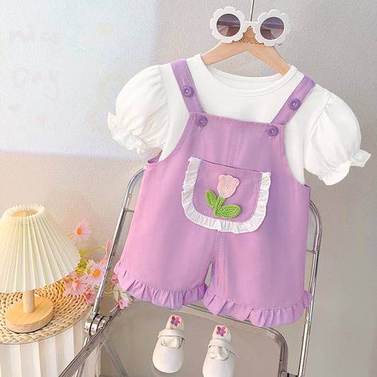 Conjunto jardinera lila más remera blanca, tulipanes 1730