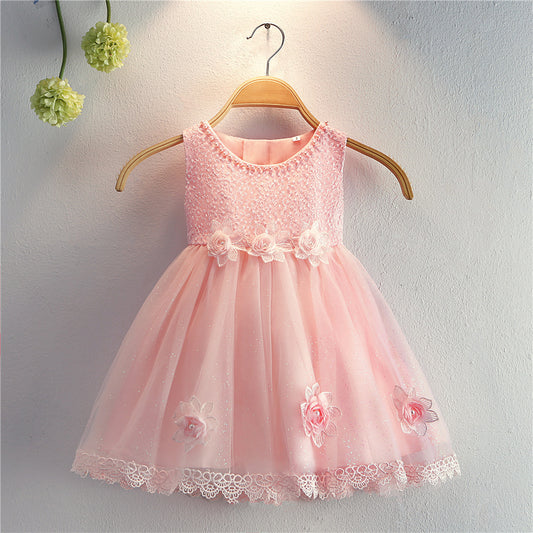 Vestido Rosa, flores, perlitas