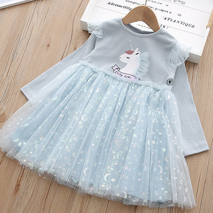 Vestido mangas largas, celeste, rosa