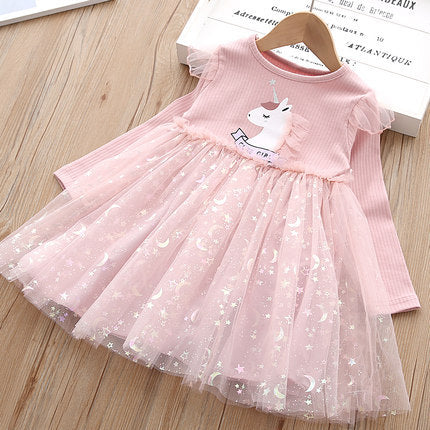 Vestido mangas largas, celeste, rosa