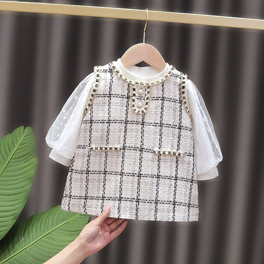 Vestido mangas largas blanco con gris🎀 1077