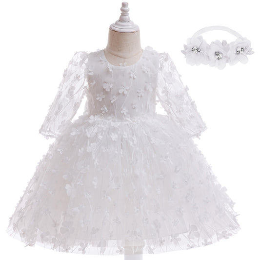 Vestido Blanco, florecitas, manguitas, Bautismo, Cortejo 2075