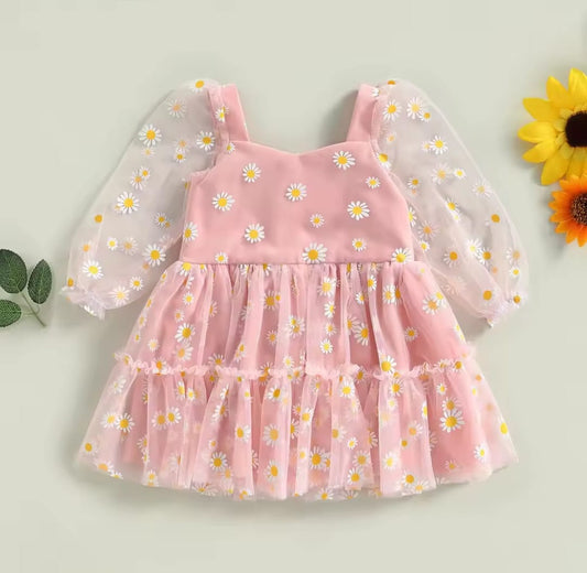 Vestido margaritas mangas largas🌸 cierre atrás, Cod 1009