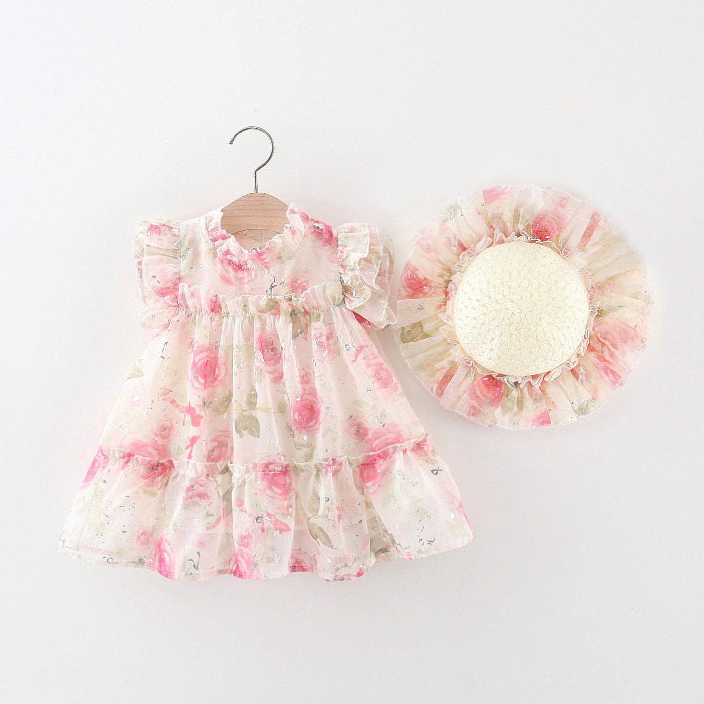 Vestido Rosa, Floral con sombreo 🌸👒💗1249