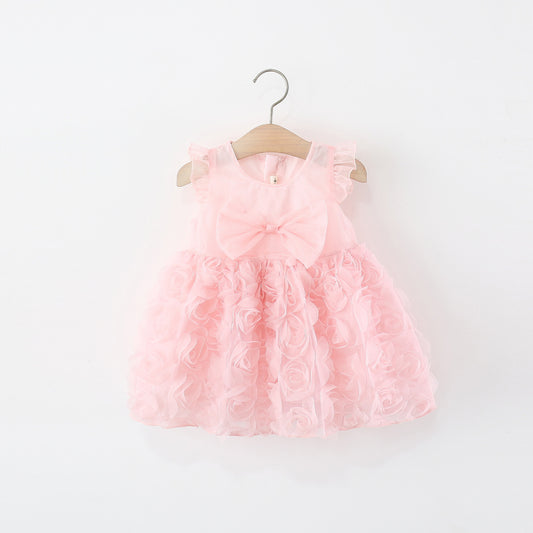 Vestido Rosa, mangas, detalles rosas🌸🩷1348