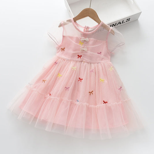 Vestido Rosa, mangas, detalles de moños🎀✨1370