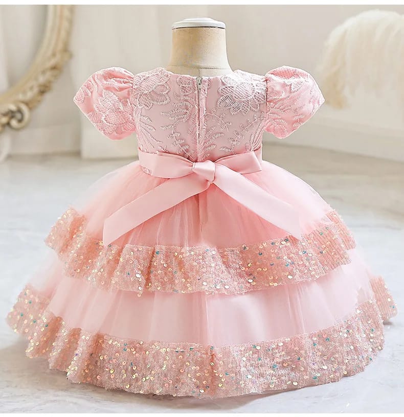 Vestido Rosa, mangas, Lentejuelas doradas ✨🩷1379