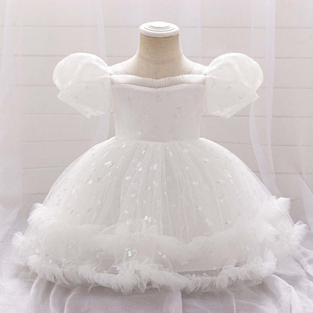 Vestido Blanco manga princesa con corazones brillozos🤍2031