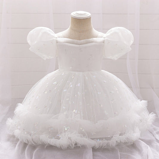 Vestido Blanco manga princesa con corazones brillozos🤍2031