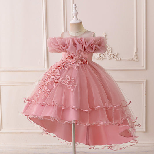 Vestido Rosa Vieja manga princesa con cola y bordados👑2032