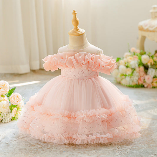 Vestido Rosa mangas caídas y brillos🌸2042