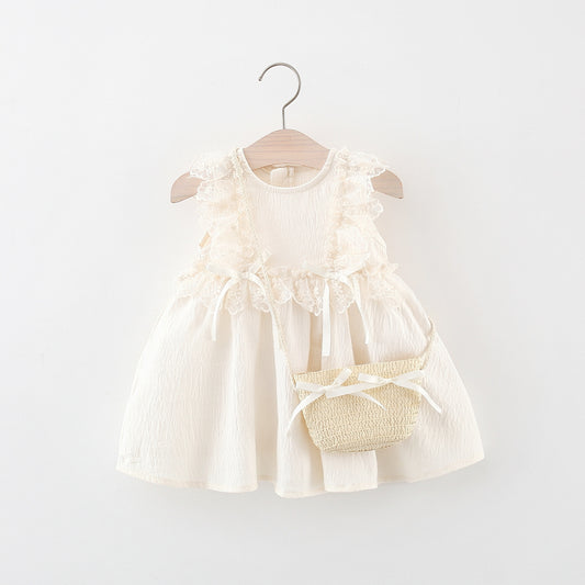 Vestido beige más carterita, moños 2067