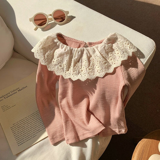 Básica mangas largas rosa con detalle Broderie en el cuello🌸 2590