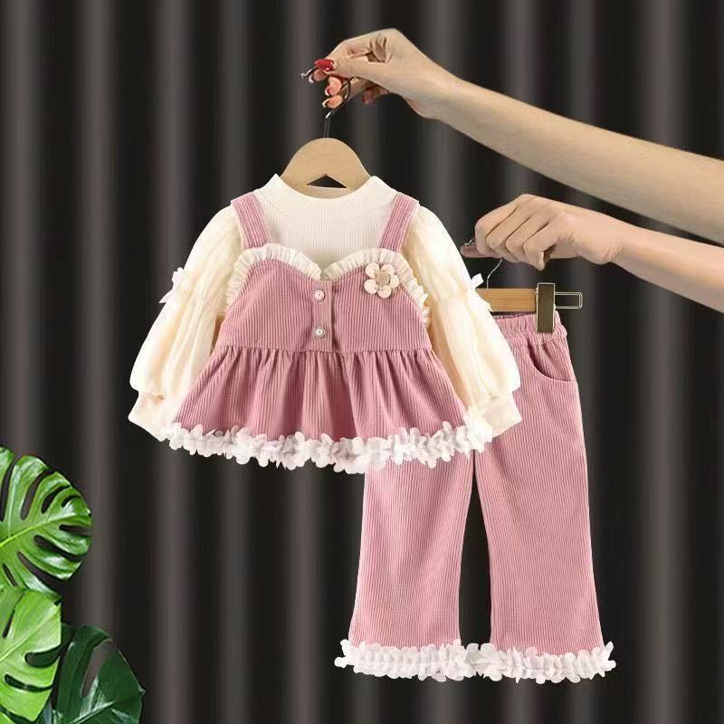 Conjunto 3 piezas rosa, mangas largas más pantalón, flores, abrigo, inv 🌸 2606
