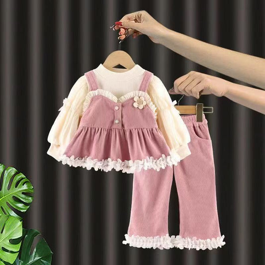 Conjunto 3 piezas rosa, mangas largas más pantalón, flores, abrigo, inv 🌸 2606