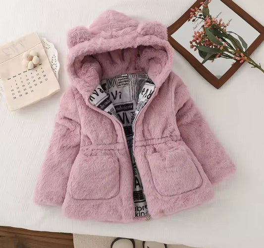 Abrigo de felpa rosa con capucha, osito, inv 2622