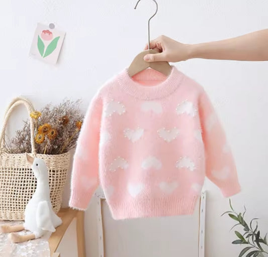 Suéter de hilo rosa con corazones 🩷🤍 , abrigo, abrigo de hilo, inv 2613