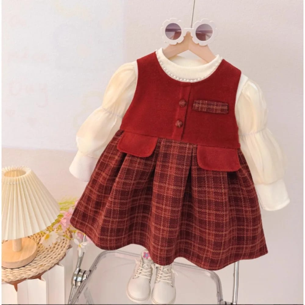 Conjunto Vestido más mangas largas bordó, rojo oscuro, inv 2611