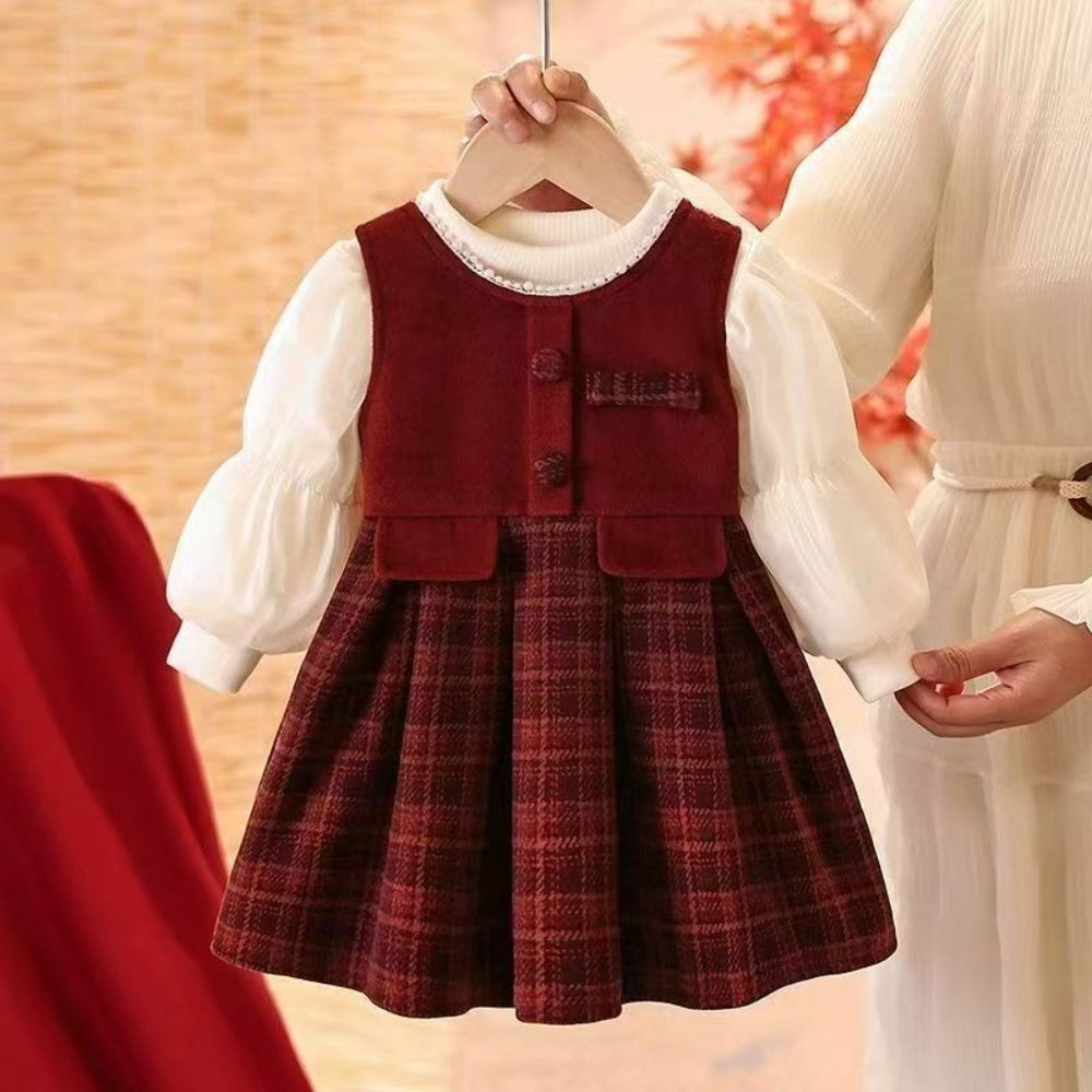 Conjunto Vestido más mangas largas bordó, rojo oscuro, inv 2611