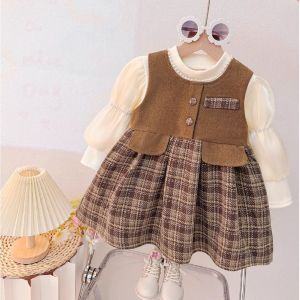 Conjunto Vestido más mangas largas marrón, abrigo, inv 2610
