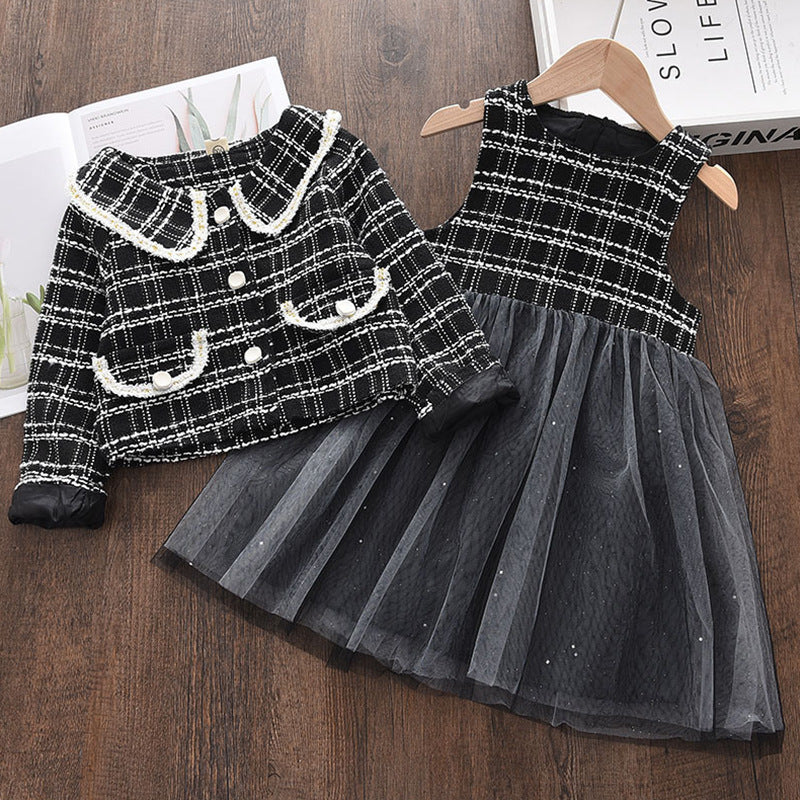 Conjunto Vestido más blazer negro con brillos, abrigo, inv 2609