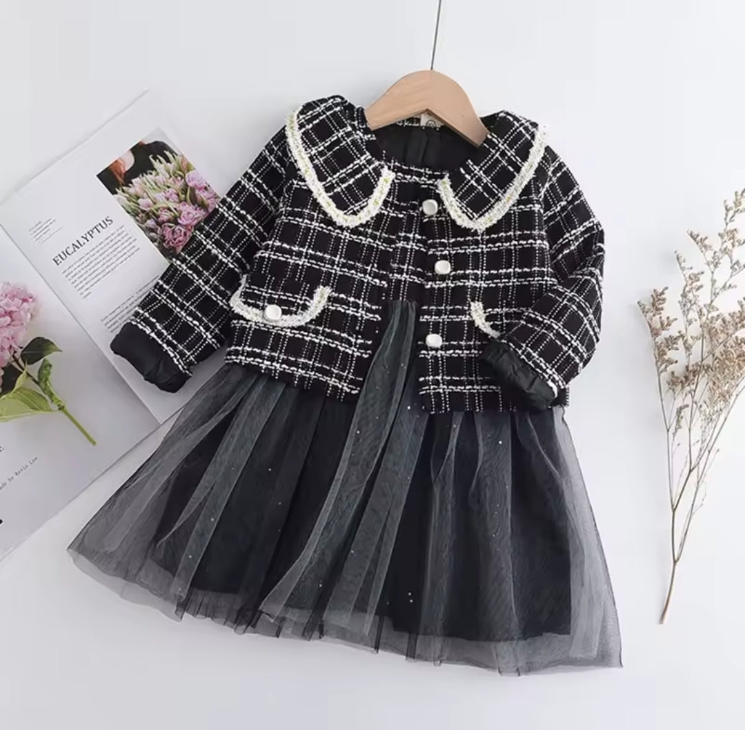 Conjunto Vestido más blazer negro con brillos, abrigo, inv 2609
