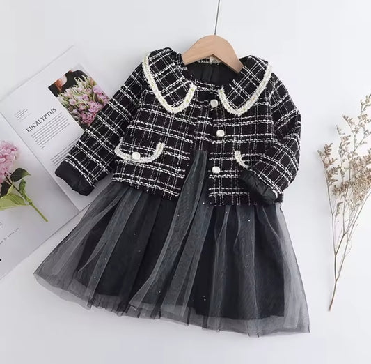 Conjunto Vestido más blazer negro con brillos, abrigo, inv 2609