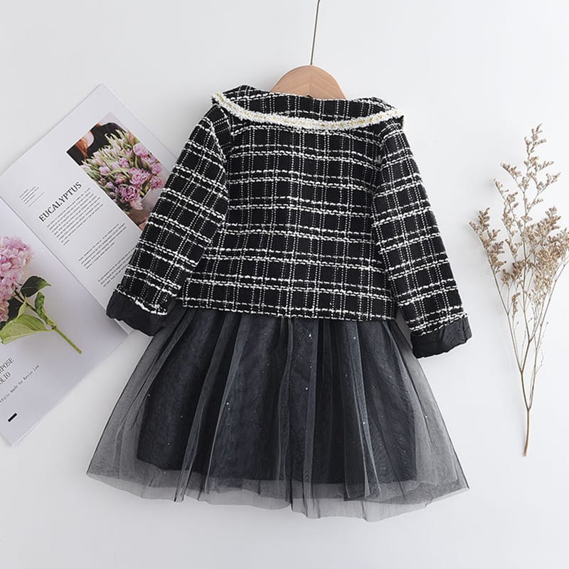 Conjunto Vestido más blazer negro con brillos, abrigo, inv 2609