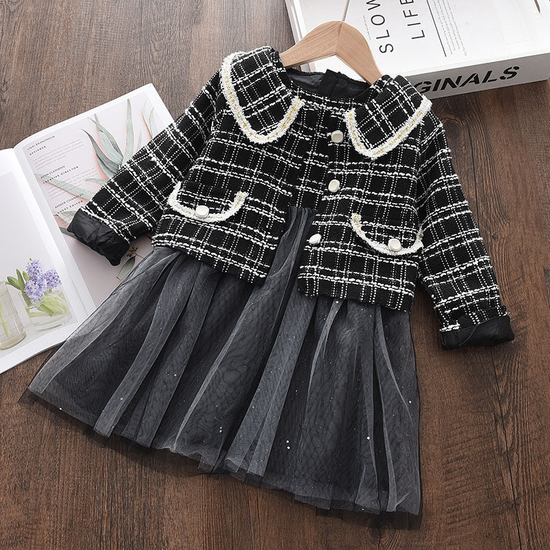 Conjunto Vestido más blazer negro con brillos, abrigo, inv 2609