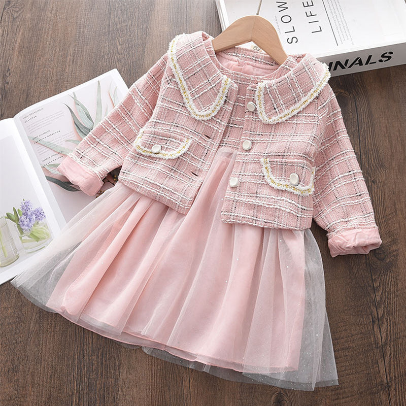 Conjunto Vestido más blazer rosa, con brillos, abrigo inv 2608