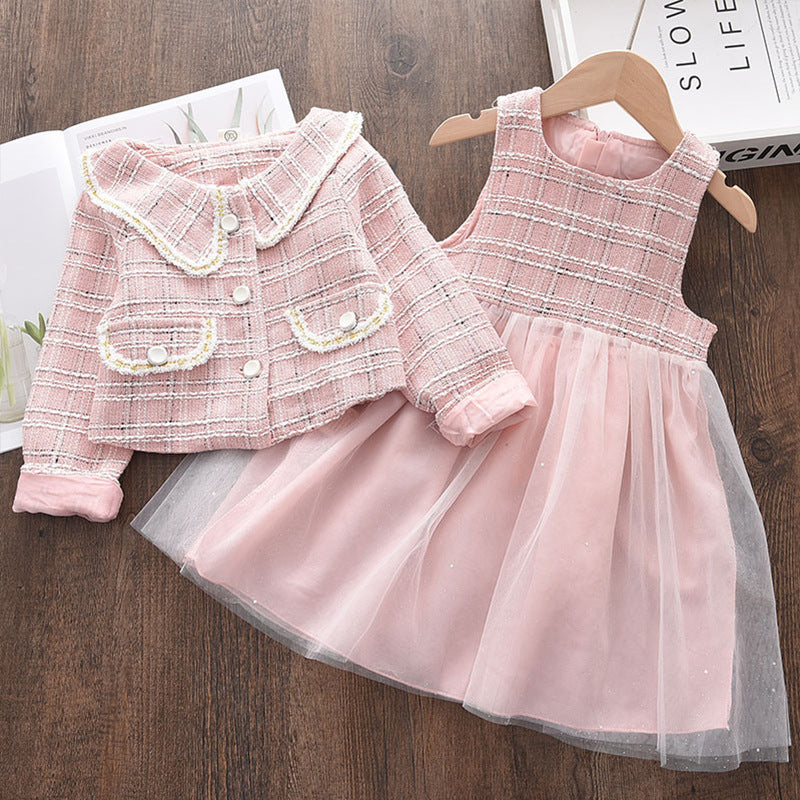 Conjunto Vestido más blazer rosa, con brillos, abrigo inv 2608
