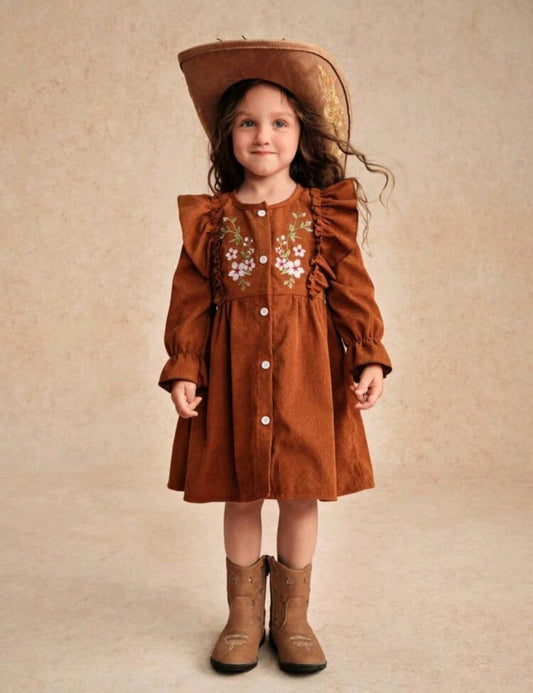 Vestido mangas largas marrón, granja🍁2664