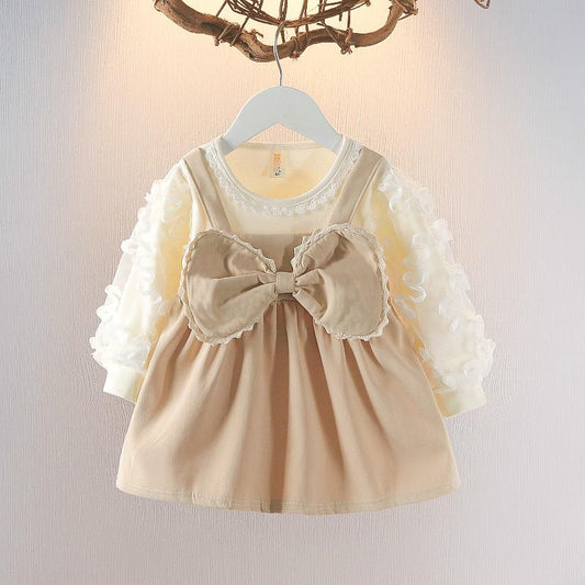 Vestido Beige, Mangas largas, Casual, moño🤍🩷26021