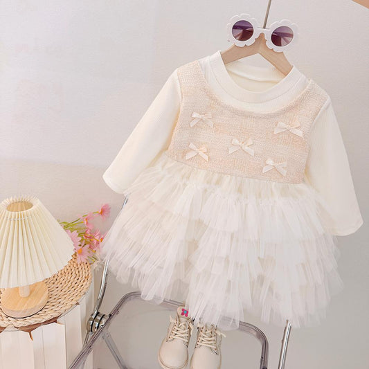 Vestido Beige, Mangas largas, Casual, Moños🤍💛26029