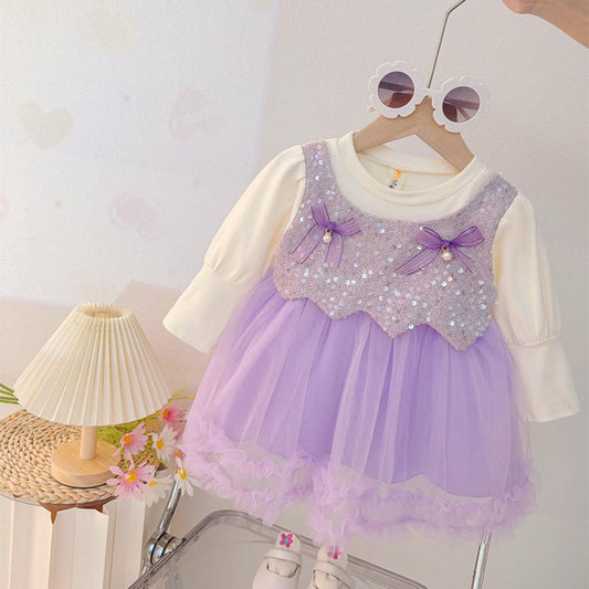 Vestido Lila, Mangas largas, Casual, lentejuelas 💜26030