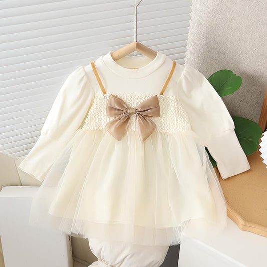 Vestido Beige, Mangas largas, casual, moño🤎27033