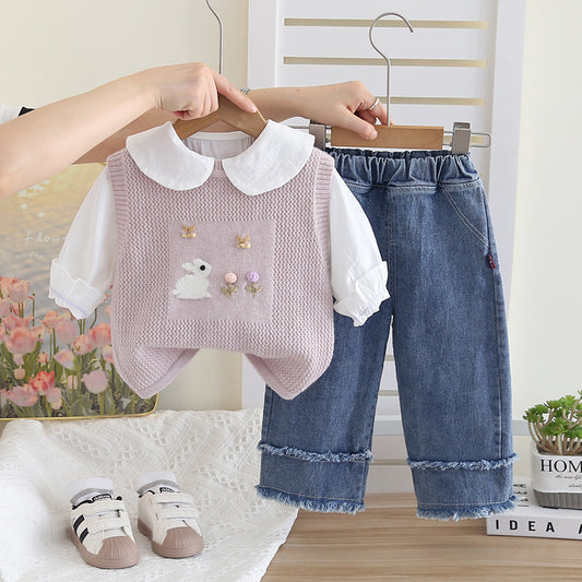 Conjunto 3pcs, camisa, suéter más jeans lila pastel 🐰💜 3025