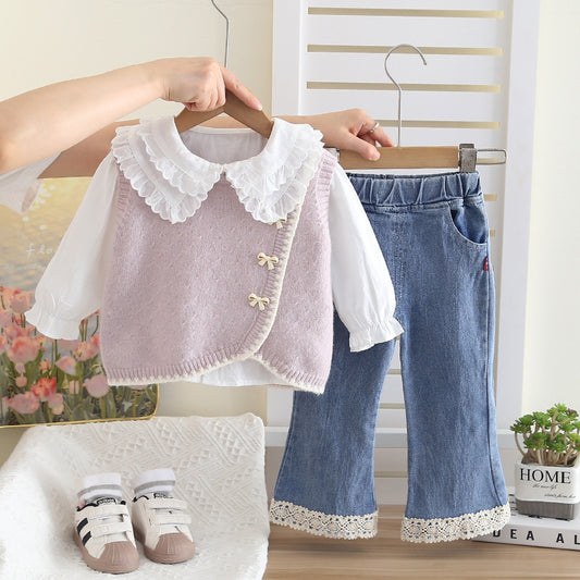 Conjunto 3pcs, camisa, chaleco más jeans 💜 3029