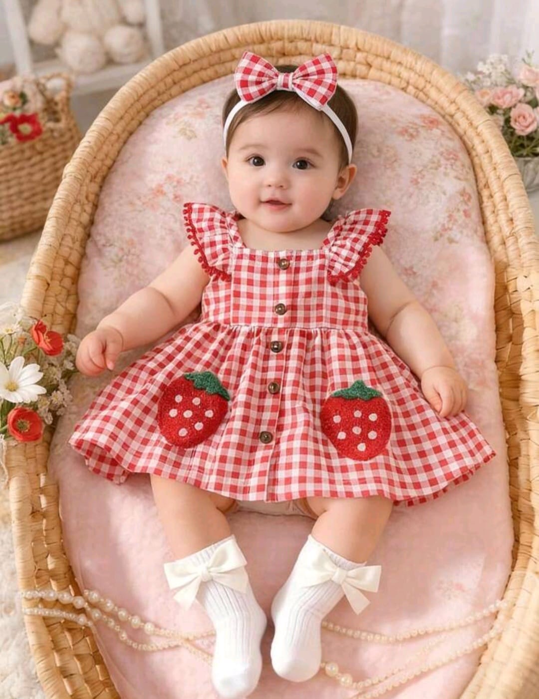 Vestido rojo con detalles de frutillas, Frutillita, cuadrillé ❤️🍓 3426
