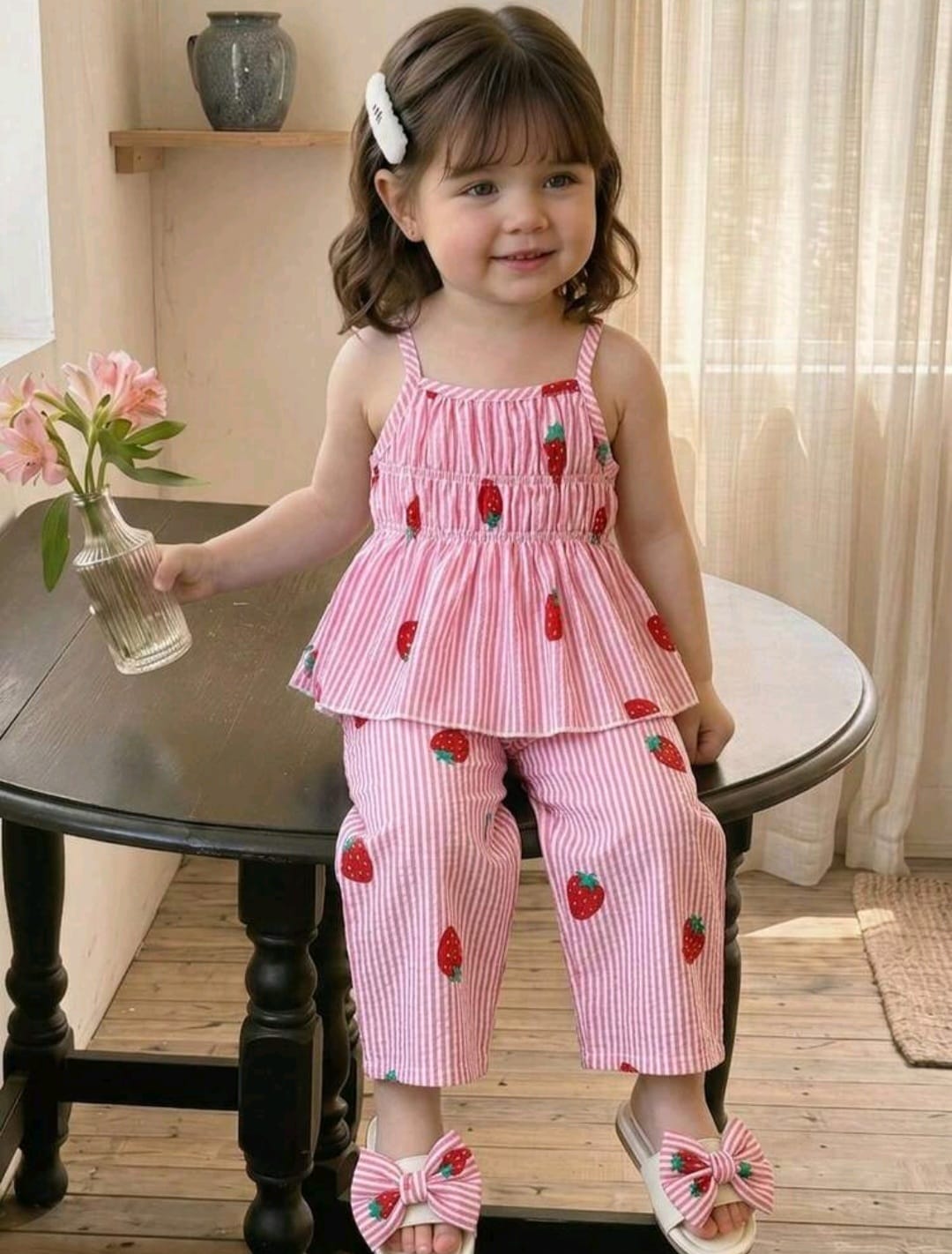 Conjunto blusa más pantalón rosa a rayas con detalles de frutillas 🍓🩷 3406