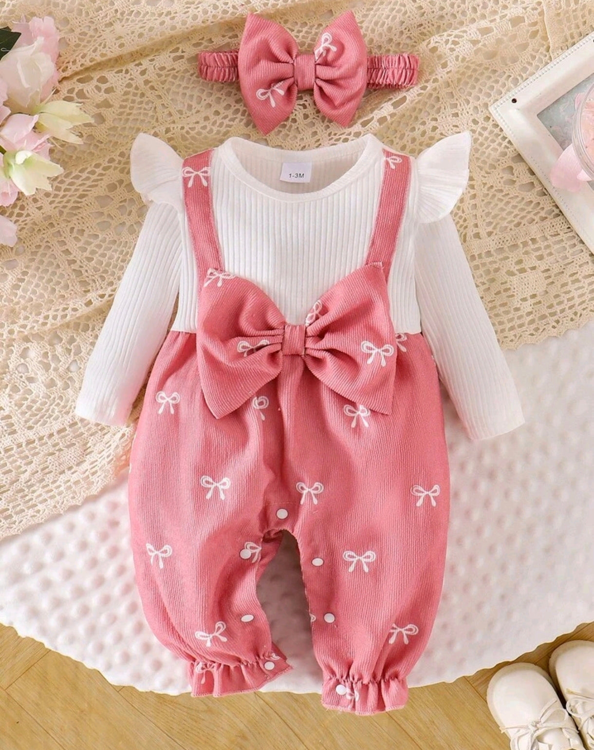 Jardinerita Mangas largas rosa, con detalles de moño, jardinera 🎀🩷 3215