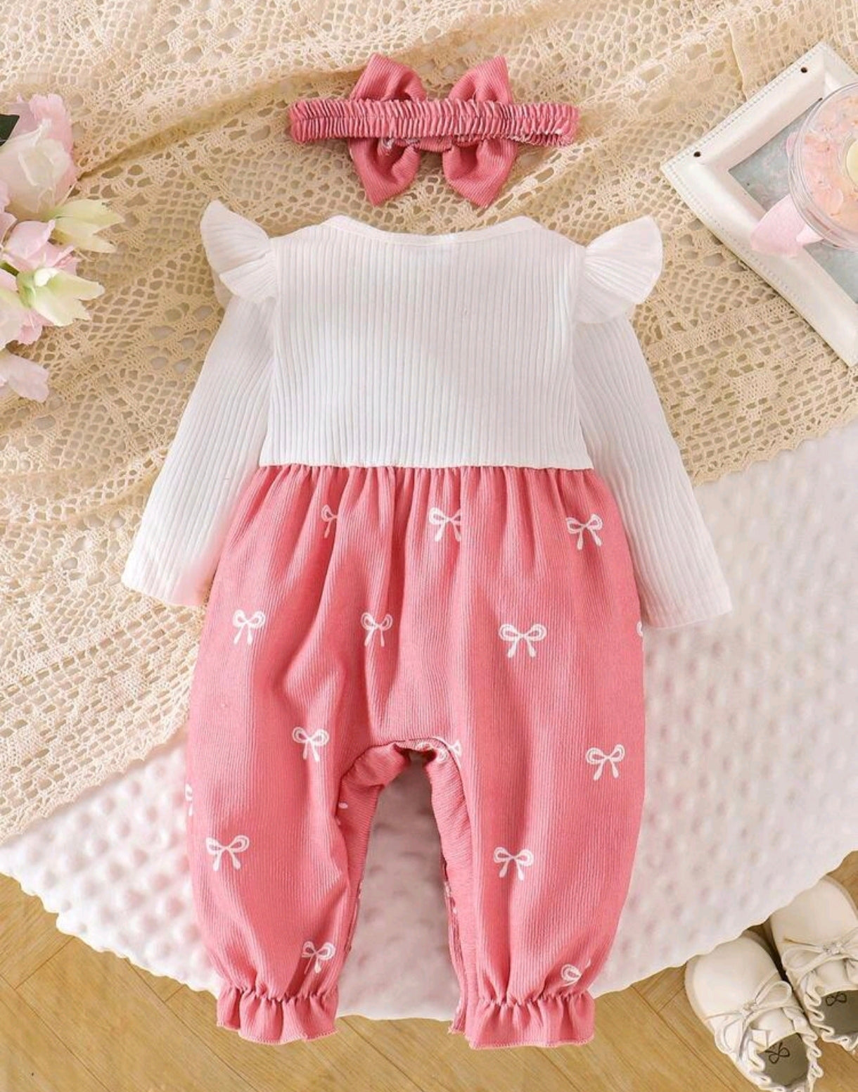 Jardinerita Mangas largas rosa, con detalles de moño, jardinera 🎀🩷 3215
