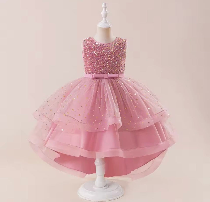 Vestido rosa vieja con brillos, cola larga 💖 3518RV