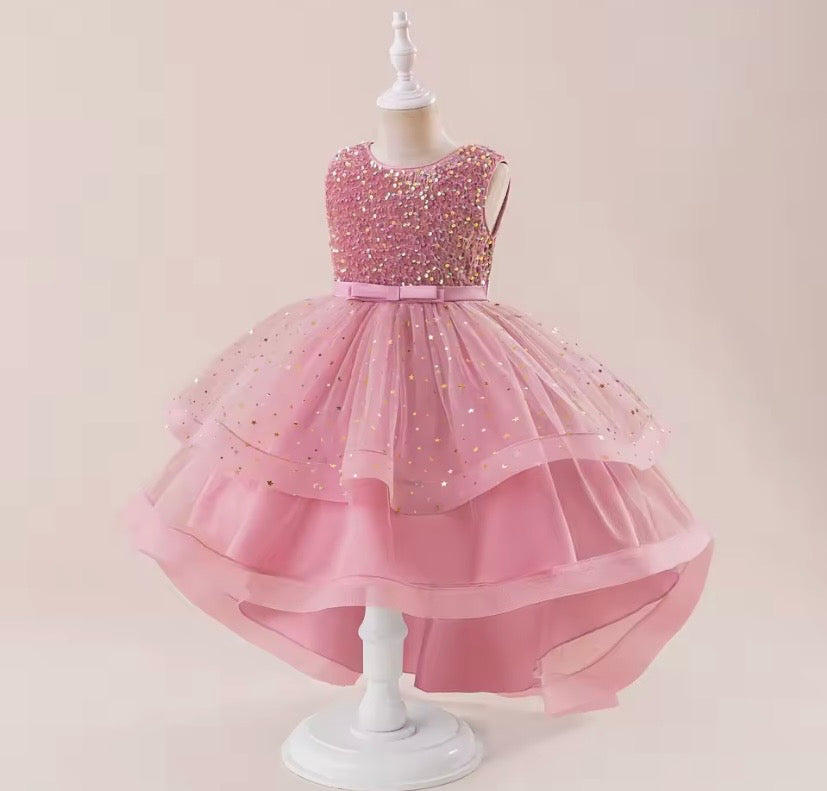 Vestido rosa vieja con brillos, cola larga 💖 3518RV