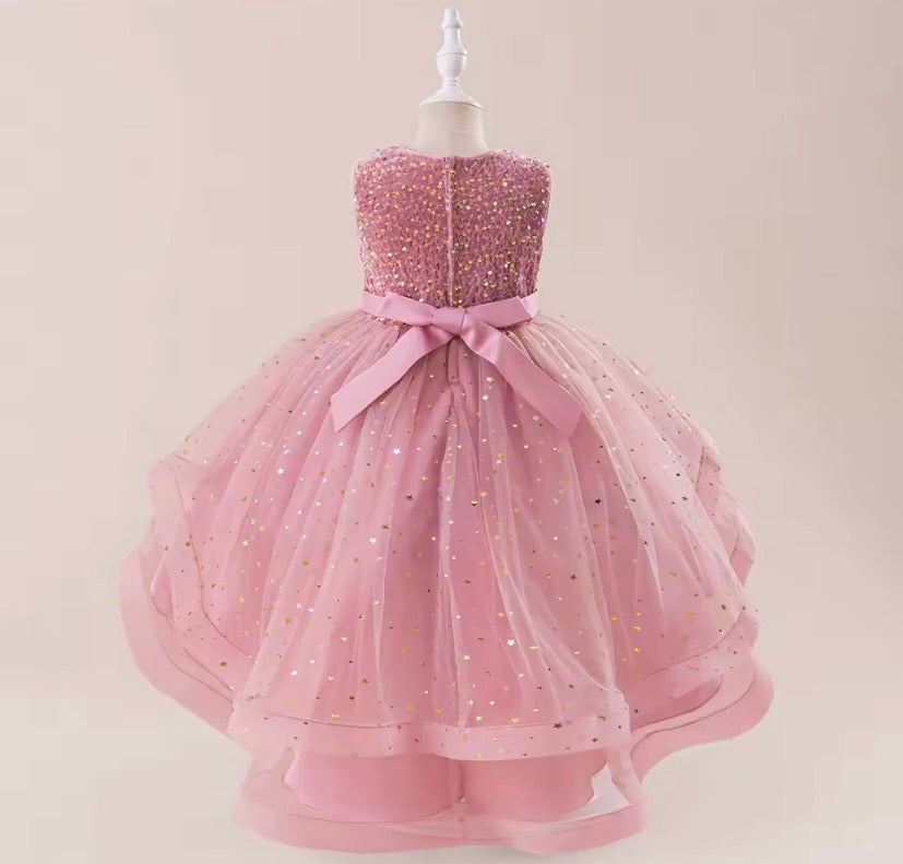 Vestido rosa vieja con brillos, cola larga 💖 3518RV