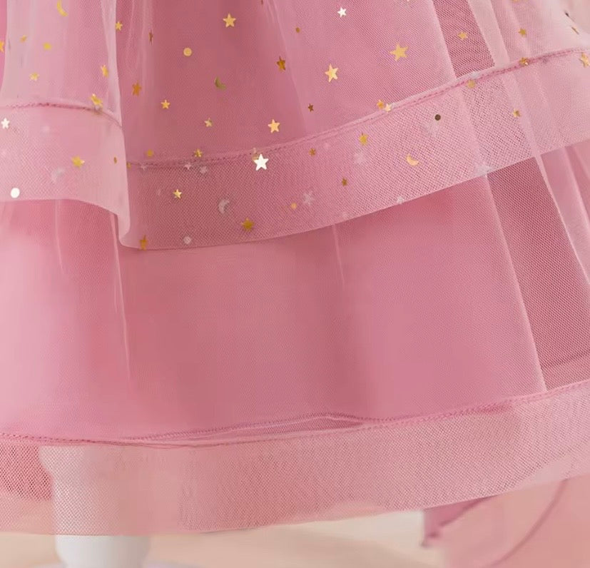 Vestido rosa vieja con brillos, cola larga 💖 3518RV