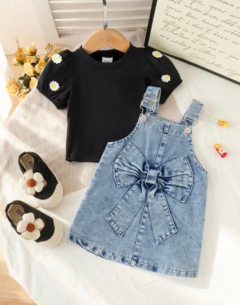 Conjunto 2 pcs remerita más jardinera de jeans, jardinerita, margaritas, manga princesa 🌼 3522