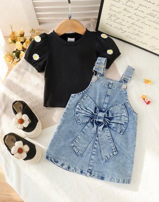 Conjunto 2 pcs remerita más jardinera de jeans, jardinerita, margaritas, manga princesa 🌼 3522