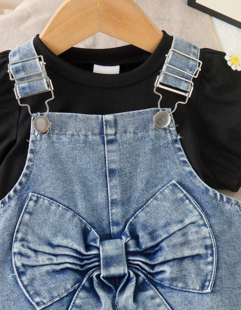 Conjunto 2 pcs remerita más jardinera de jeans, jardinerita, margaritas, manga princesa 🌼 3522
