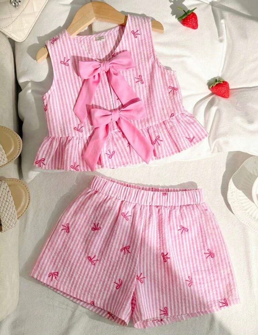 Conjunto 2 pcs blusa más short rosa, moños 🎀 3524